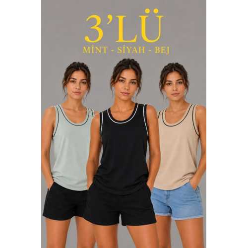 3’LÜ KOLSUZ SPORCU ATLET SETI YAZLIK BISIKLET YAKALI - MINT YEŞILI, SIYAH, BEJ