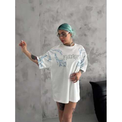 UNISEX BISIKLET YAKA BASKILI OVERSIZE T-SHIRT - BEYAZ