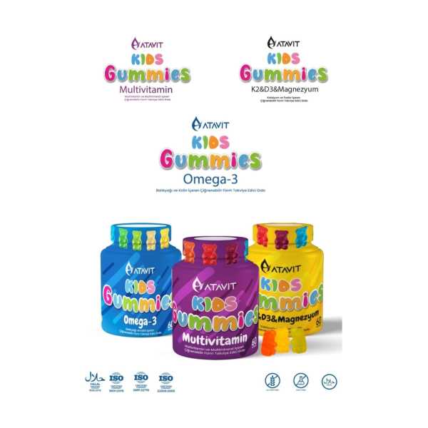 ATAVİT OMEGA 3, D3 K2 , MAGNEZYUM MULTİVİTAMİN SÜPER 3 LÜ GUMMIES KIDS
