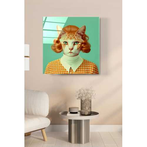 70'LER KEDİ PORTRE CAM TABLO, DEKORATİF CAM TABLO