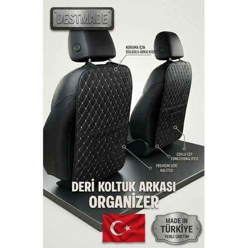 VOLKSWAGEN TAİGO UYUMLU 2 ADET SİYAH DERİ BEYAZ DİKİŞLİ ARAÇ İÇİ KOLTUK ORGANİZERİ