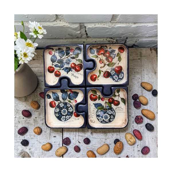 PUZZLE DÖRTLÜ ÇEREZLİK ÇOK AMAÇLI SUNUMLUK ÖZEL YAPIM İÇİ REÇİNE KAPLI