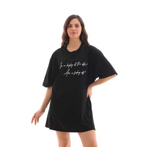 UNISEX BISIKLET YAKA BASKILI OVERSIZE T-SHIRT - SIYAH