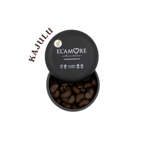 ŞEKER İLAVESIZ, GLÜTENSIZ, VEGAN KAJULU BITTER ÇIKOLATA - SIYAH YUVARLAK METAL KUTU, 150 GR