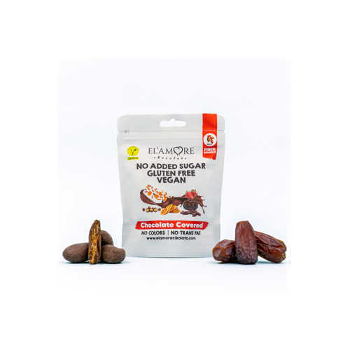 ŞEKER İLAVESIZ, GLÜTENSIZ, VEGAN HURMALI BITTER ÇIKOLATA - DOYPACK 50 GR