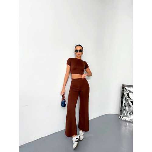 OSY MODAL YUMUŞAK DOKULU KUMAŞ KISA KOLLU CROP ALT ISPANYOL PAÇA PANTALON IKILI TAKIM - KAHVERENGI