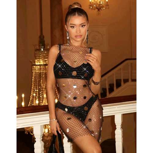 IŞILTILI PULLU , TAŞLI FİLE ELBİSE– KOLSUZ, TRANSPARAN, PARLAK GECE ELBİSESİ