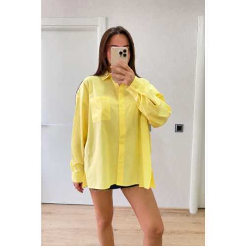 OVERSIZE PENS DETAYLI CEPLI YIRTMAÇLI RAHAT KALIP POPLIN GÖMLEK - SARI