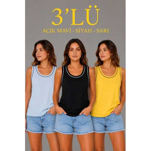 3’LÜ KOLSUZ SPORCU ATLET SETI YAZLIK BISIKLET YAKALI - SARI, SIYAH, BEBE MAVISI