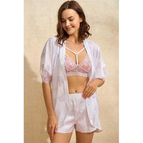 SATEN BRİDE BASKILI DANTELLİ SABAHLIK BALENSİZ DESTEKSİZ DOLGUSUZ BRALET SÜTYEN VE ŞORT 3'LÜ TAKIM