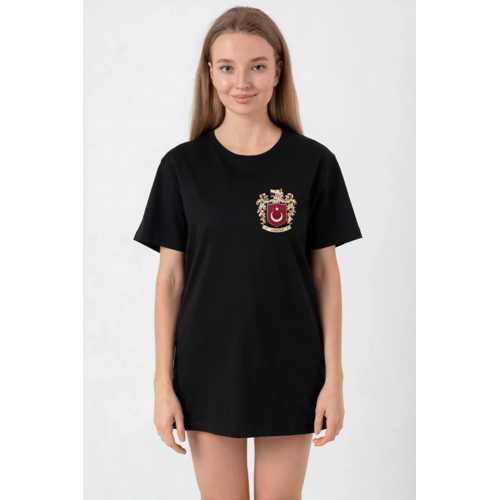 TÜRK ARMA BASKILI OVERSIZE BISIKLET YAKA GÜNLÜK T-SHIRT - SIYAH