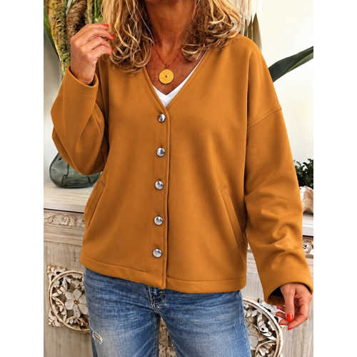 KADIN DÜĞME DETAYLI V YAKA OVERSIZE CAMEL CEKET / HIRKA