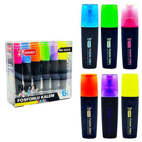 MİKRO MK-605-6 NEON RENK FOSFORLU KALEM 6LI