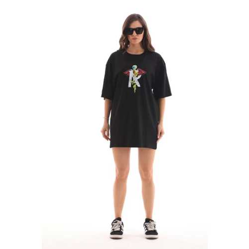 UNISEX BISIKLET YAKA BASKILI OVERSIZE T-SHIRT - SIYAH