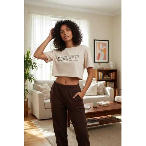 KADIN KUM KAHVE BASKILI CROP T-SHIRT PANTOLON TAKIM RAHAT GÜNLÜK SPOR ŞIK İKILI SET
