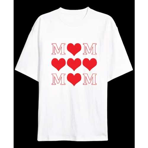 ANNELER GÜNÜ HEDIYE MOM KALP BASKILI OVERSIZE BISIKLET YAKA T-SHIRT - BEYAZ