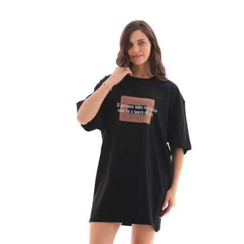 UNISEX BISIKLET YAKA BASKILI OVERSIZE T-SHIRT - SIYAH