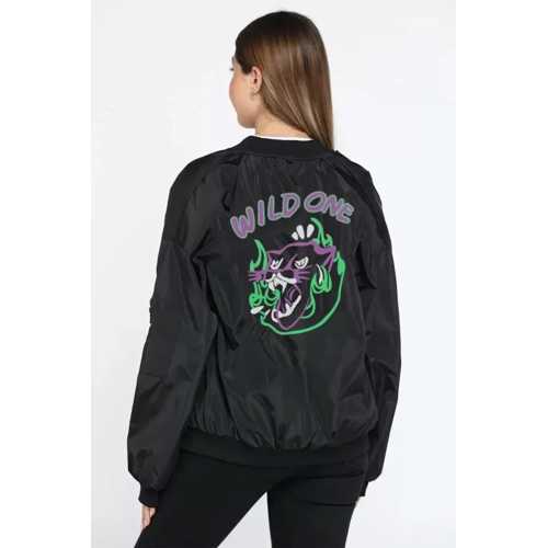 UNISEX UZUN KOL BASKILI BOMBER CEKET - SIYAH