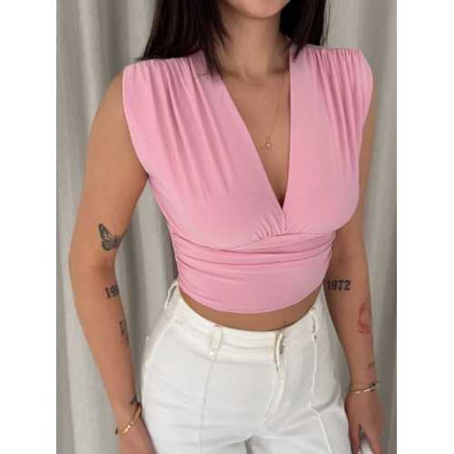 VATKALI KOLSUZ V YAKA DRAPELI CROP BLUZ LIKRALI FIT - PEMBE
