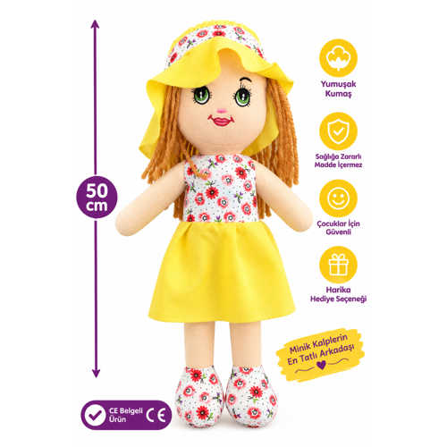 SARI ÇIÇEKLI PELUŞ BEBEK 50 CM – CE BELGELI YUMUŞAK SEVIMLI OYUNCAK