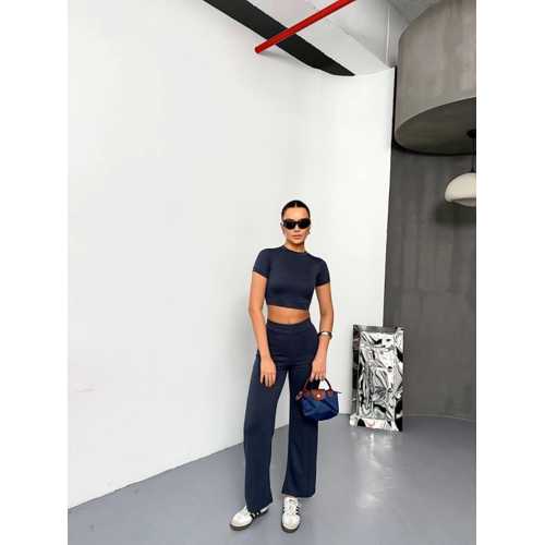 OSY MODAL YUMUŞAK DOKULU KUMAŞ KISA KOLLU CROP ALT ISPANYOL PAÇA PANTALON IKILI TAKIM - FÜME