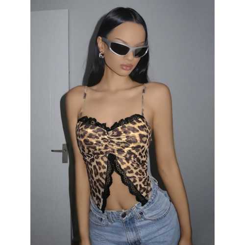 KADIN LEOPAR DESENLİ CROP ÖNDEN DANTEL DETAYLI 5095