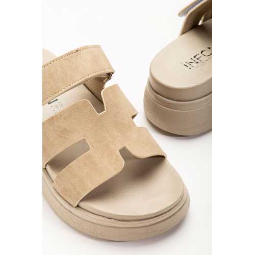 24422-HERMES BEJ DOLGU TOPUK KADIN SANDALET