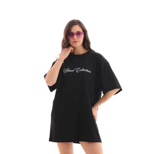 UNISEX BISIKLET YAKA BASKILI OVERSIZE T-SHIRT - SIYAH
