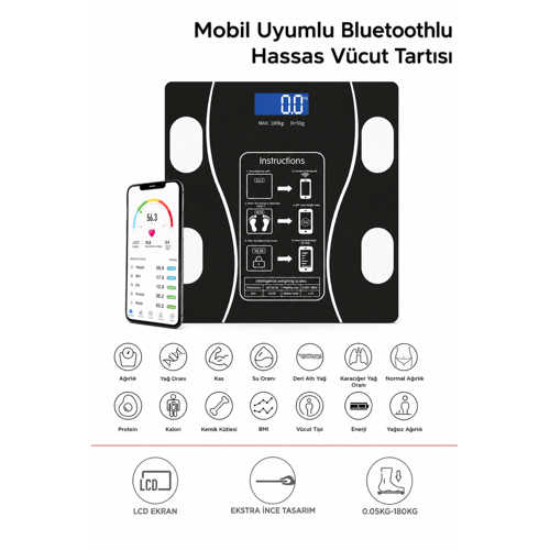 AKILLI BLUETOOTH TARTI | VÜCUT ANALIZLI DIJITAL BASKÜL – 180 KG, LCD EKRAN, MOBIL UYUMLU