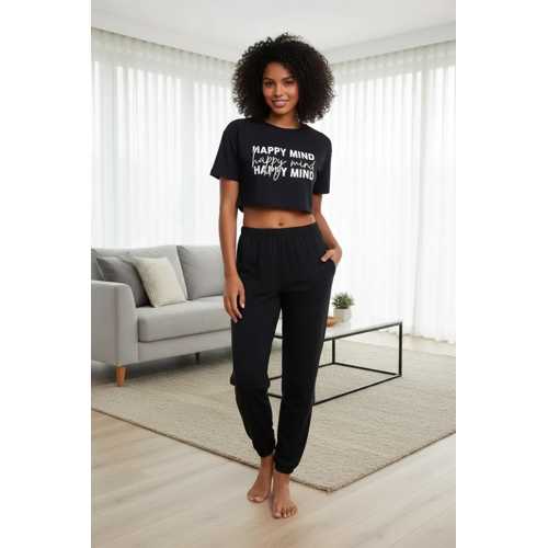 KADIN SIYAH BASKILI CROP T-SHIRT PANTOLON TAKIM RAHAT GÜNLÜK SPOR ŞIK İKILI SET