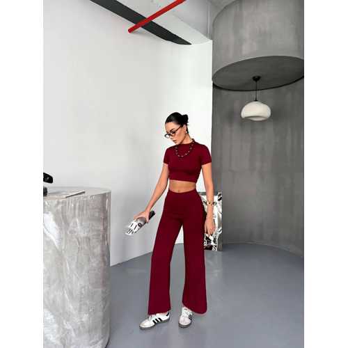 OSY MODAL YUMUŞAK DOKULU KUMAŞ KISA KOLLU CROP ALT ISPANYOL PAÇA PANTALON IKILI TAKIM - BORDO