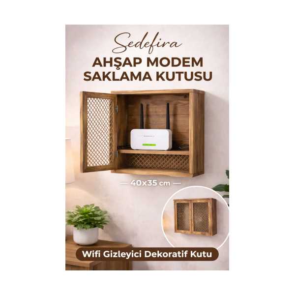 SEDEFİRA AHŞAP MODEM VE SİGORTA SAKLAMA KUTUSU | WİFİ GİZLEYİCİ DEKORATİF DUVAR RAFI 40X35 CM