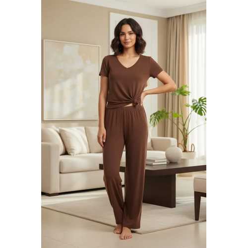 KADIN KAHVE YUMUŞAK DOKULU MINIMAL V YAKA ÜST BASIC GÜNLÜK ŞIK BLUZ