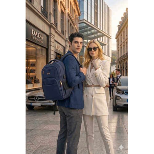 LACİVERT 15.6'' INÇ LAPTOP SIRT ÇANTASI USB APARATLI YANDAN CEPLİ DARBE EMİCİ SU GEÇİRMEZ