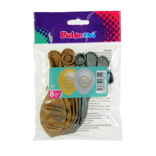 BALONEVİ BALON GÜMÜŞ-ALTIN HAPPY BİR 12" 8Lİ 8112