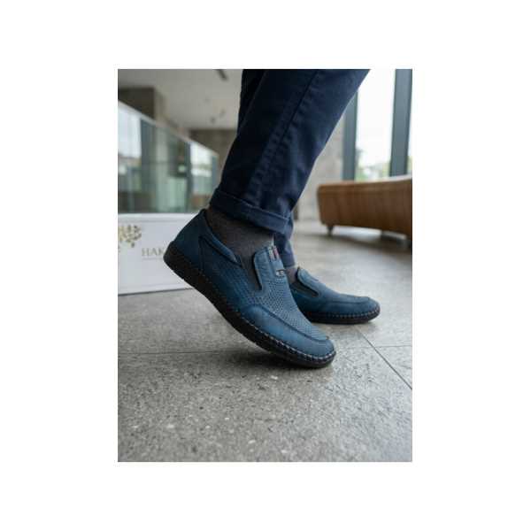EL YAPIMI HAKİKİ DERİ ERKEK LOAFER – NEFES ALABİLEN LACİVERT GÜNLÜK YAZLIK AYAKKABI