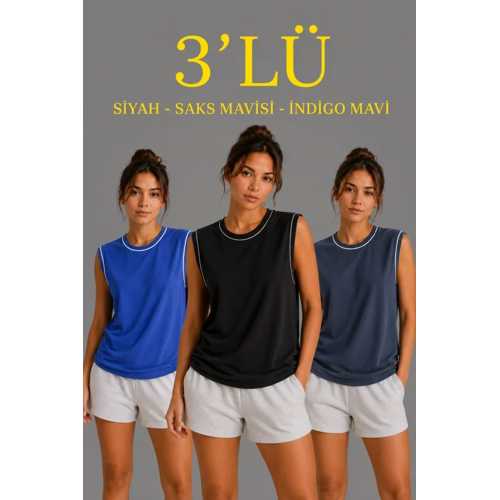 3’LÜ KOLSUZ SPORCU ATLET SETI YAZLIK BISIKLET YAKA - SIYAH, SAKS MAVISI, İNDIGO