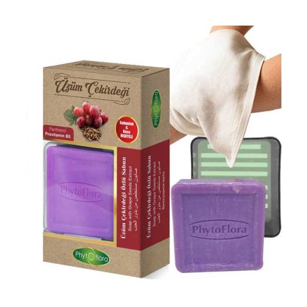  PHYTOFLORA ÜZÜM ÇEKİRDEĞİ ÖZLÜ SABUN KESE VE SABUNLUK HEDİYELİ SET