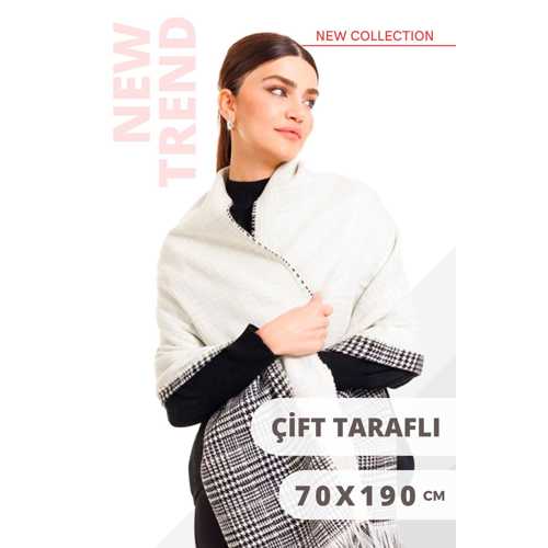 ÇİFT TARAFLI BEYAZ RENK EKOSELİ YÜNLÜ OMUZ ŞALI 70X190CM BAĞLANABİLİR KIŞLIK KARELİ KADIN ATKI ŞAL
