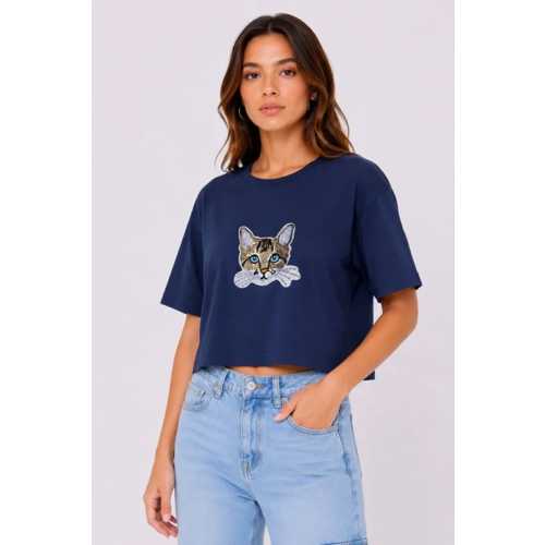 KEDI BASKILI OVERSIZE CROP TIŞÖRT SALAŞ BASIC YARIM KOL T-SHIRT - LACIVERT