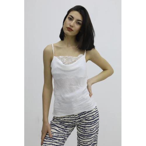 IP ASKİLİ DANTEL ISLEMELİ BLUZ EKRU - P-019808