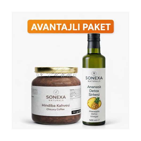 SONEXA NATURALS AVANTAJLI PAKET HİNDİBA KAHVESİ 150 GR + ANANASLI DETOX SİRKE 500 ML