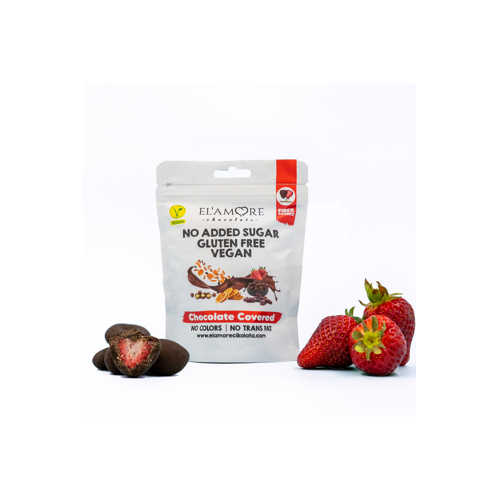 ŞEKER İLAVESIZ, GLÜTENSIZ, VEGAN FREEZE DRIED ÇILEKLI BITTER ÇIKOLATA - DOYPACK 50 GR