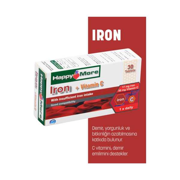 HAPPYMORE DEMİR VE VİTAMİN C İÇEREN 30 TABLET TAKVİYE EDİCİ GIDA