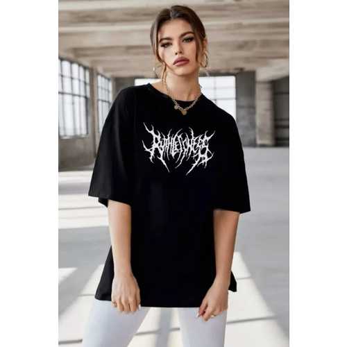 UNISEX BISIKLET YAKA BASKILI OVERSIZE T-SHIRT - SIYAH