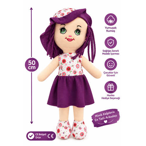 MOR ÇIÇEKLI PELUŞ BEBEK 50 CM – CE BELGELI YUMUŞAK SEVIMLI OYUNCAK