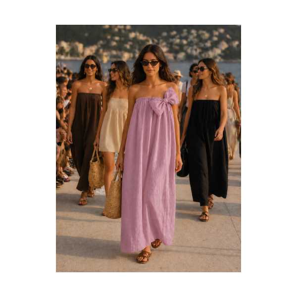MUSLİNA STRAPLEZ FİYONK DETAYLI UZUN KETEN ELBİSE-PEMBE