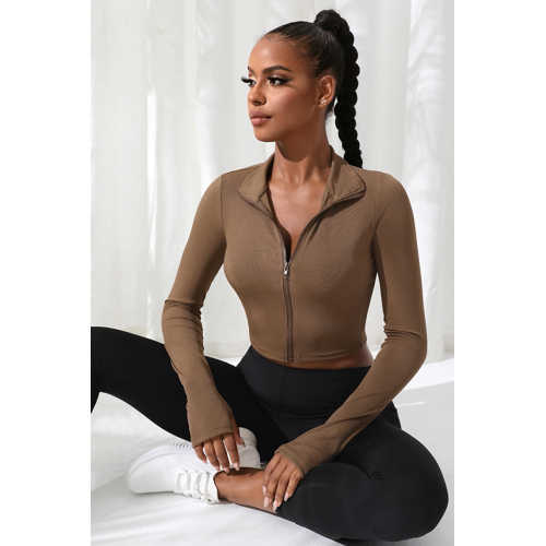 KADIN KAHVERENGİ UZUN KOL FERMUARLI PARMAK GEÇME DETAYLI DİK YAKA CROP TOP BLUZ
