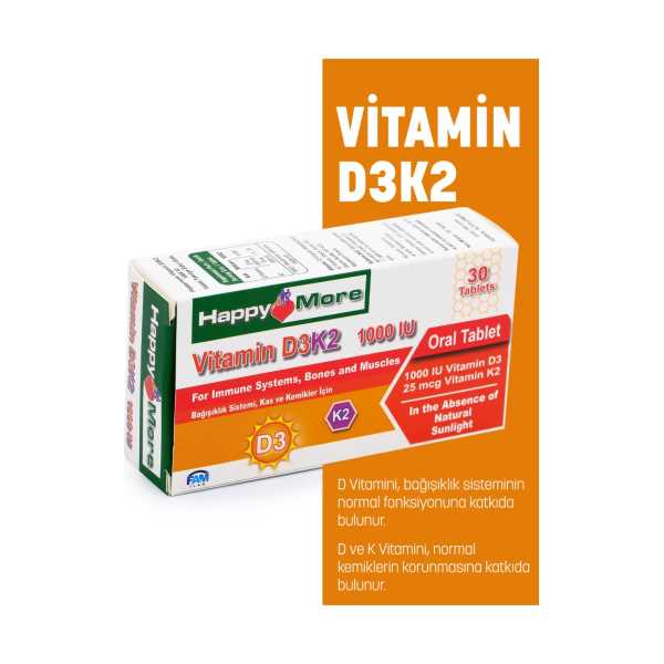 HAPPYMORE VİTAMİN D3 VE VİTAMİN K2 İÇEREN 30 TABLET TAKVİYE EDİCİ GIDA