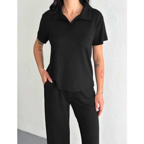 OSY MODAL YUMUŞAK DOKULU KUMAŞ KISA KOLLU YAKALI T-SHIRT PANTALON IKILI TAKIM- SIYAH